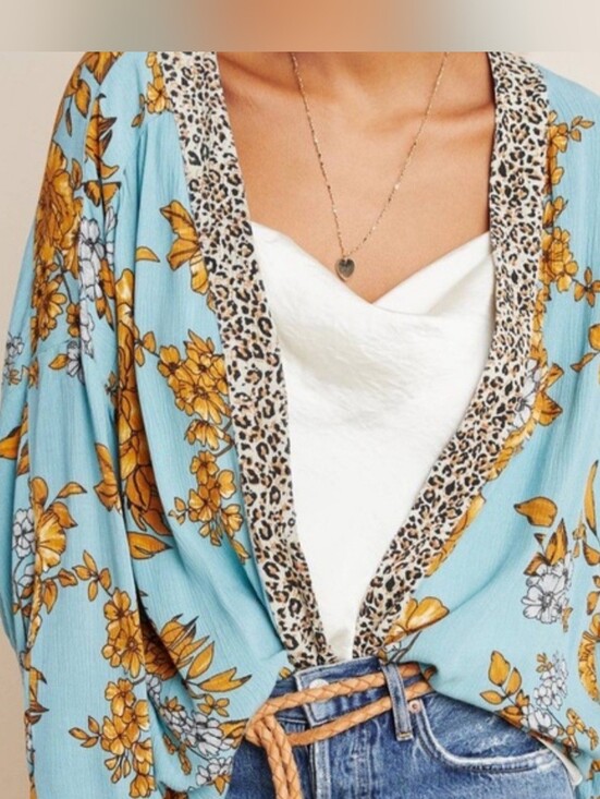 Anthropologie Other - Anthropolige Floral Blue Kimono with Leopard Trim
